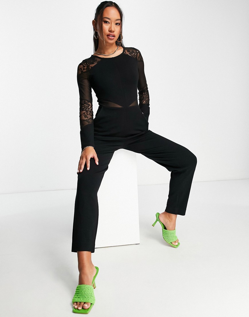 French Connection body-conscious jumpsuit with mesh cut outs in black