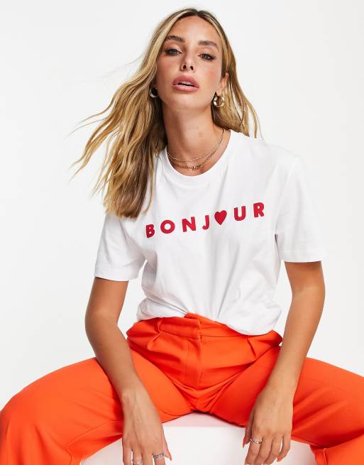 French Connection bonjour logo t shirt in white