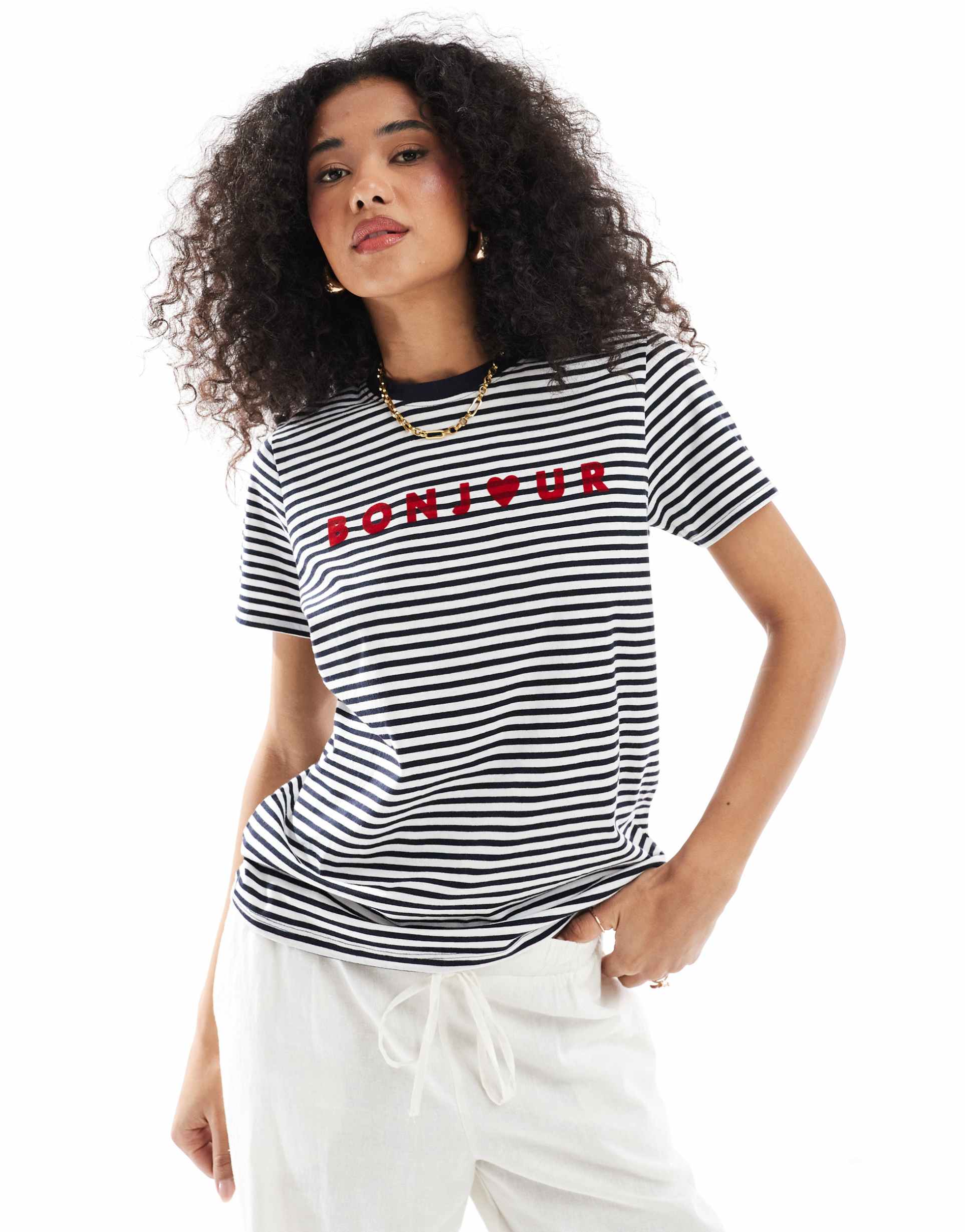 french connection bonjour t-shirt in navy and white stripe