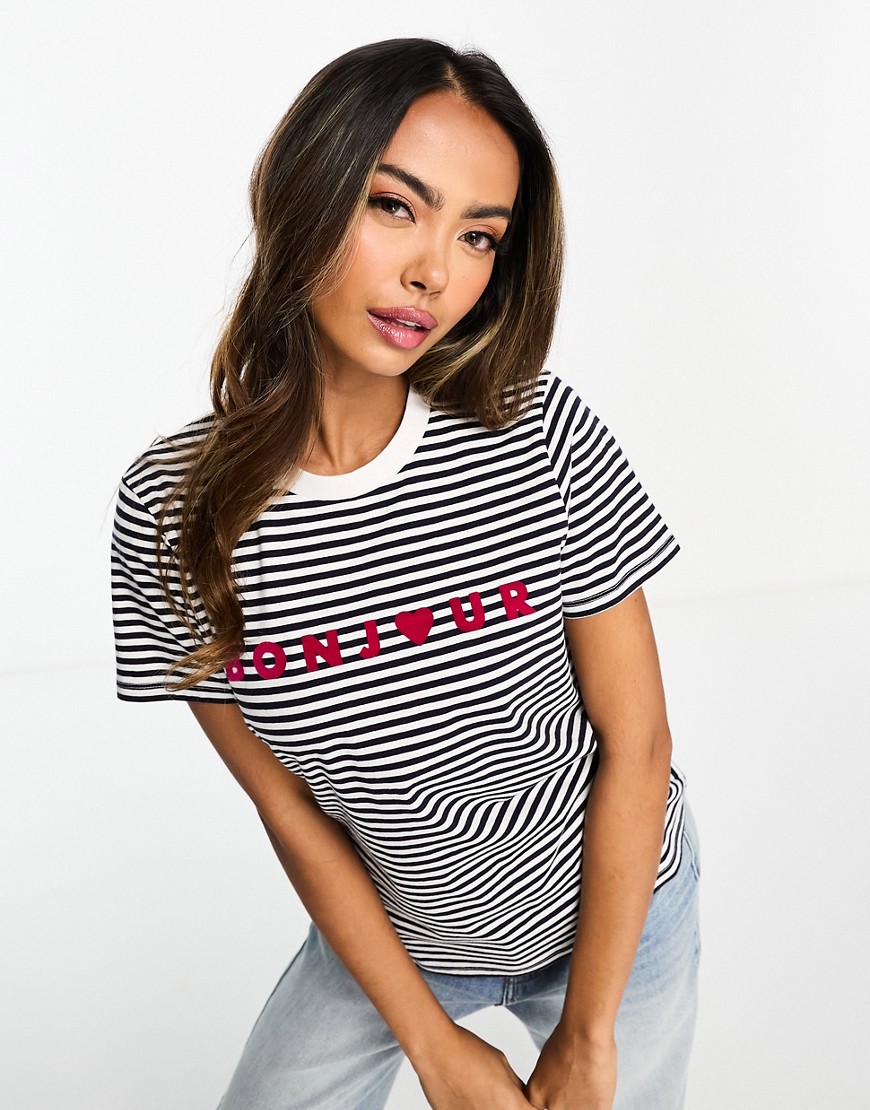 French Connection Bonjour T-shirt In White And Navy Stripe