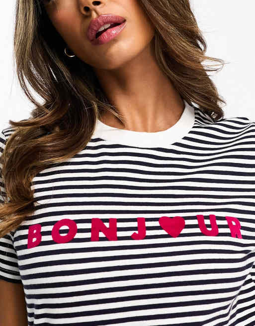 French Connection bonjour t shirt in white and navy stripe ASOS