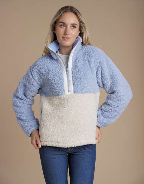 French Connection Borg colourblock high neck 1/2 zip fleece pullover in light blue - view 1
