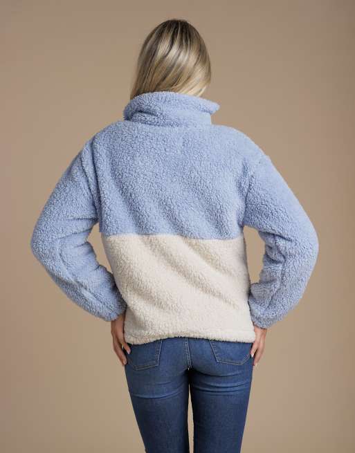 French Connection Borg colourblock high neck 1/2 zip fleece pullover in light blue, 2 of 4
