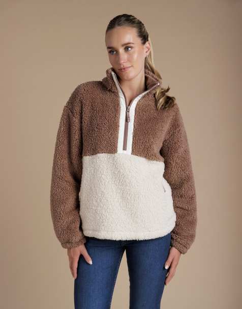 French Connection Borg colourblock high neck 1/2 zip fleece pullover in light brown - view 1