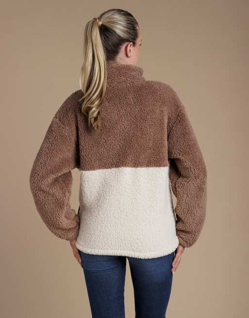 French Connection Borg colourblock high neck 1/2 zip fleece pullover in light brown, 2 of 4