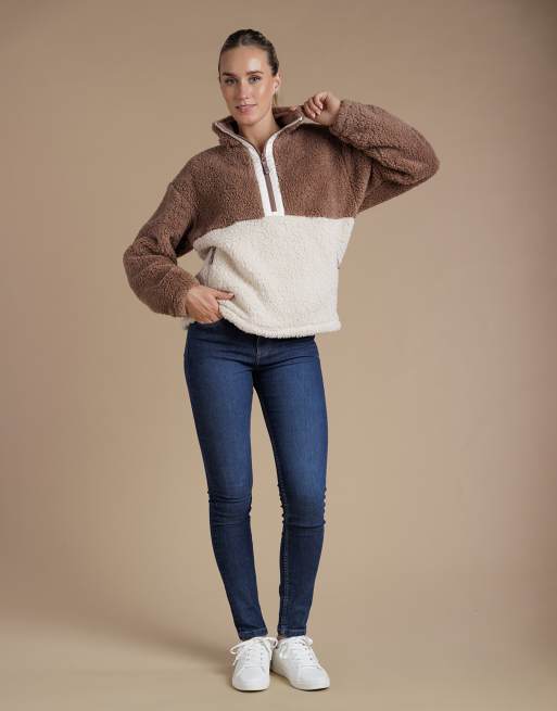 French Connection Borg colourblock high neck 1/2 zip fleece pullover in light brown, 3 of 4