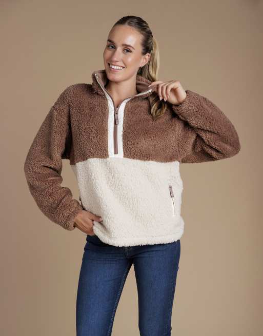 French Connection Borg colourblock high neck 1/2 zip fleece pullover in light brown, 4 of 4