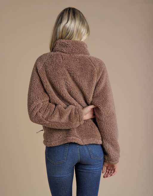 French Connection Borg high neck 1/2 zip fleece pullover in light brown, 2 of 4