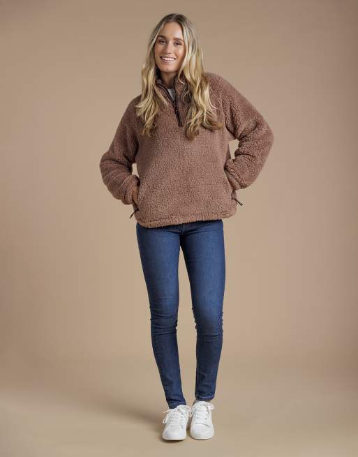 French Connection Borg high neck 1/2 zip fleece pullover in light brown, 3 of 4