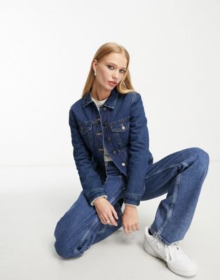 French Connection borg trim denim jacket in blue - ASOS Price Checker
