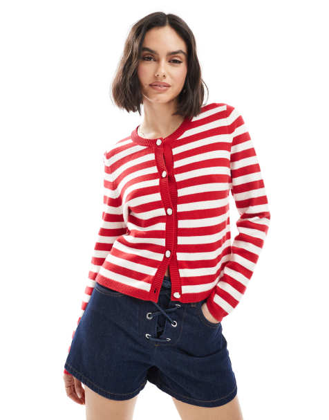 French Connection boxy button up cardigan in red and white stripe - view 1