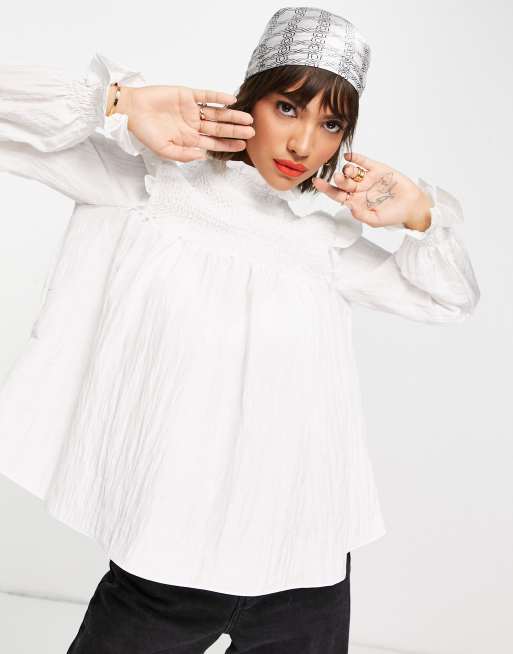 French Connection - Boza - Blouse babydoll à col montant et manches bouffantes - Blanc immaculé, 3 de 4