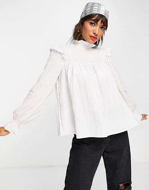 French Connection Boza smock blouse with high neck and puff sleeves in crisp white