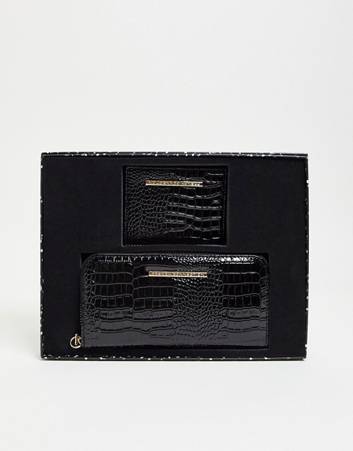 French Connection branded purse and card holder set in black croc