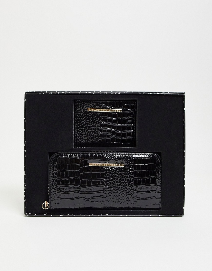 French Connection Branded Wallet And Card Holder Set In Black Croc