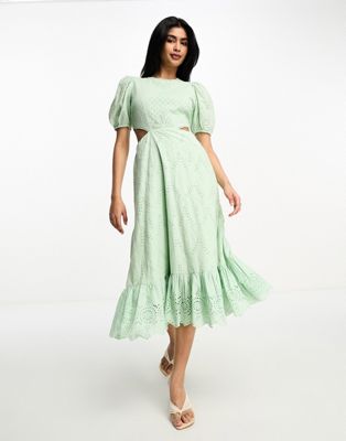 French Connection broderie midi dress with cut out in mint - ASOS Price Checker