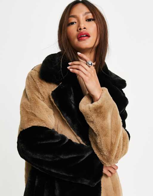 French Connection - Buona - Cappotto in ecopelliccia nero e marrone color block, 3 di 4