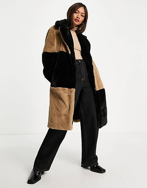 French Connection Buona faux fur coat in black and brown color block