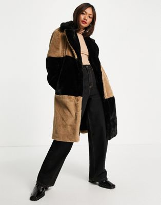 French Connection Buona faux fur coat in black and brown colour block