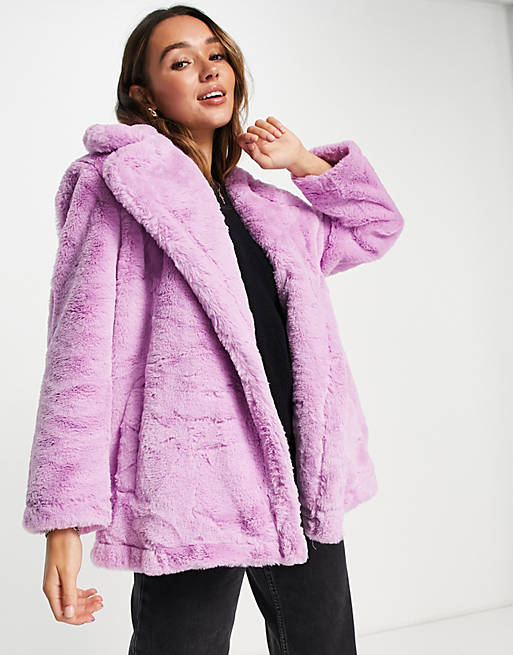 French Connection Buona faux fur coat in lilac | ASOS