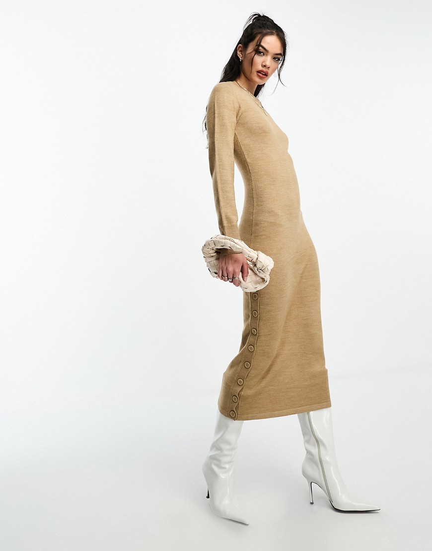 French Connection button detail knitted midi dress in camel-Neutral