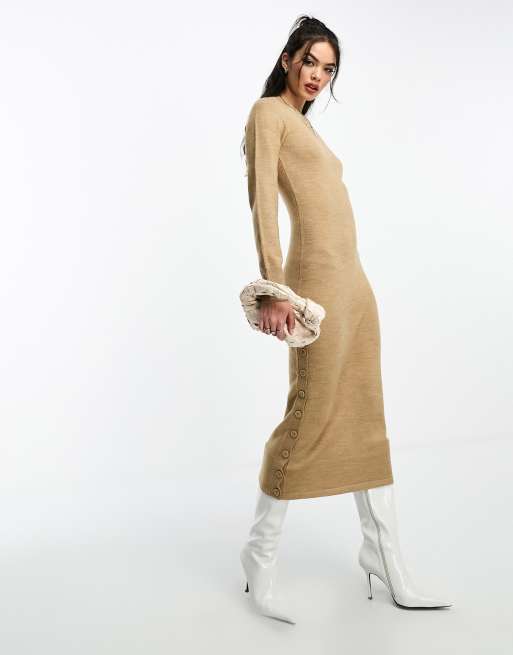French Connection button detail knitted midi dress in camel 