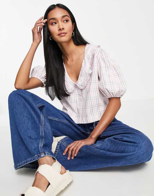 French Connection button front blouse with collar in pink check | ASOS