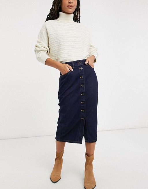French Connection button front denim midi skirt in blue