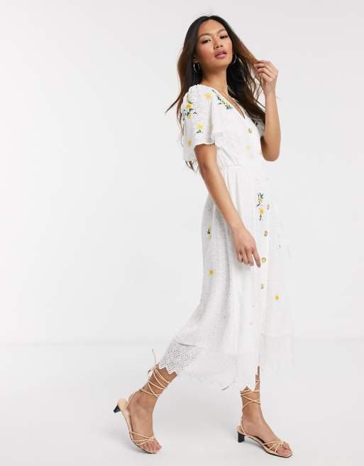 White midi best sale embroidered dress