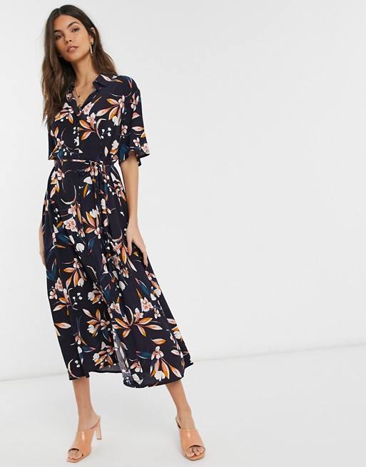 French Connection button through floral midi shirt dress in blue multi