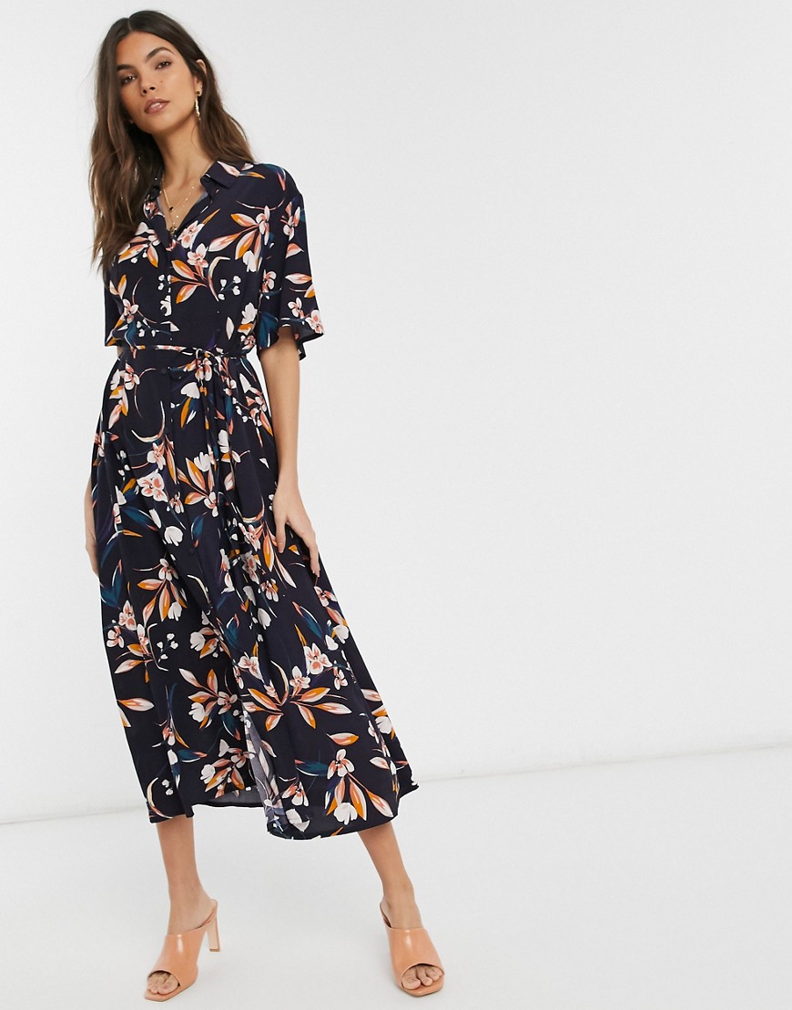 French Connection button through floral midi shirt dress-Blue
