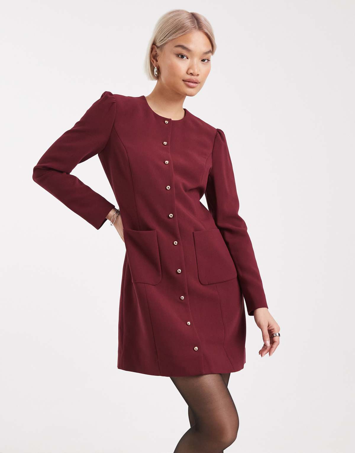 French Connection button through tailored mini dress in burgundy