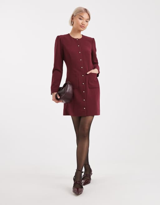 French Connection button through tailored mini dress in burgundy, 3 of 4