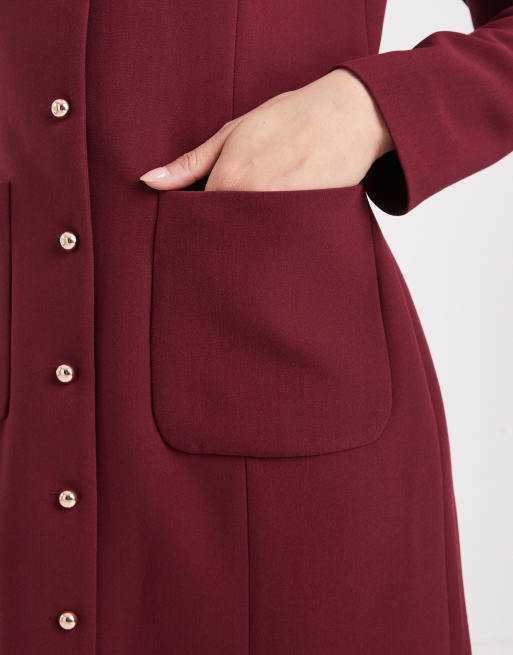 French Connection button through tailored mini dress in burgundy, 4 of 4