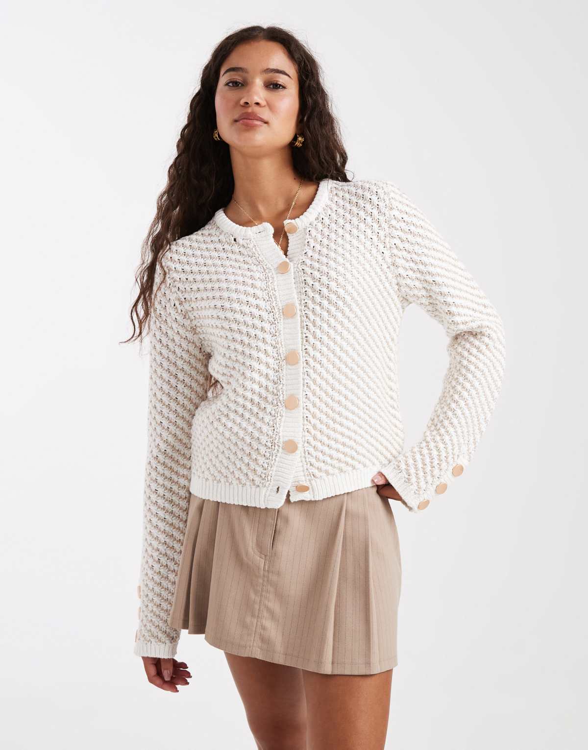French Connection button up cardigan in white and beige stitch