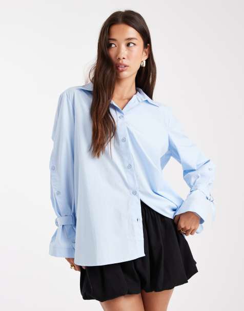 French Connection button up shirt with side split detail in light blue - view 1