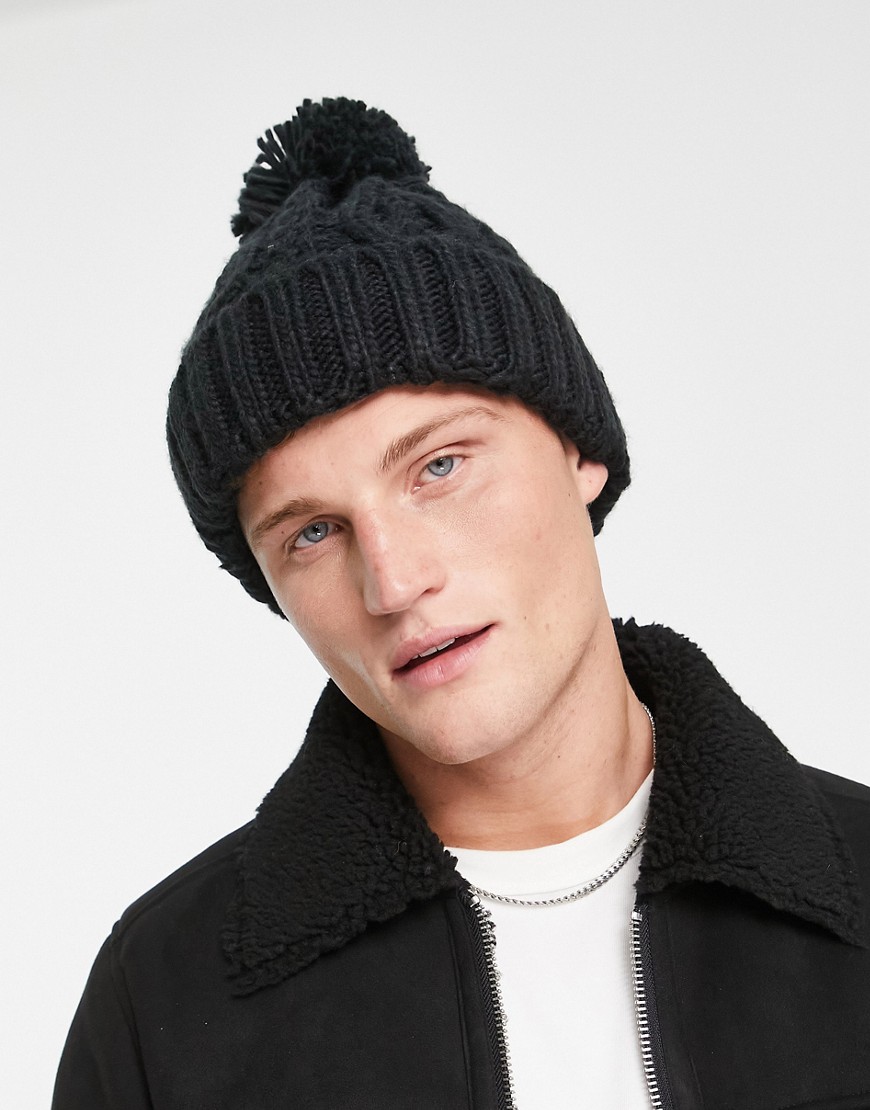 French Connection Cable Bobble Beanie Hat In Navy