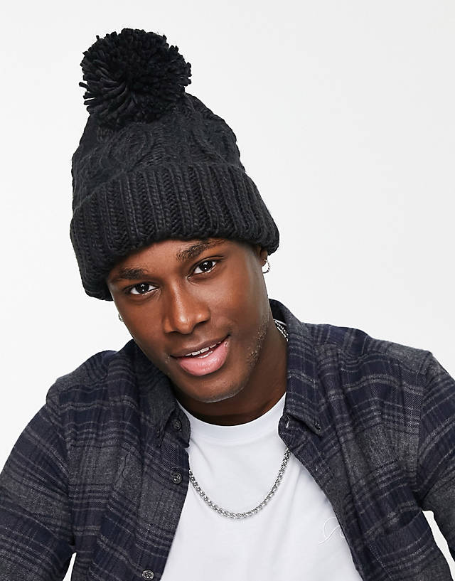 French Connection Mens - French Connection cable bobble beanie hat in navy