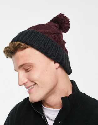 French Connection cable bobble two color beanie hat in burgundy-Red