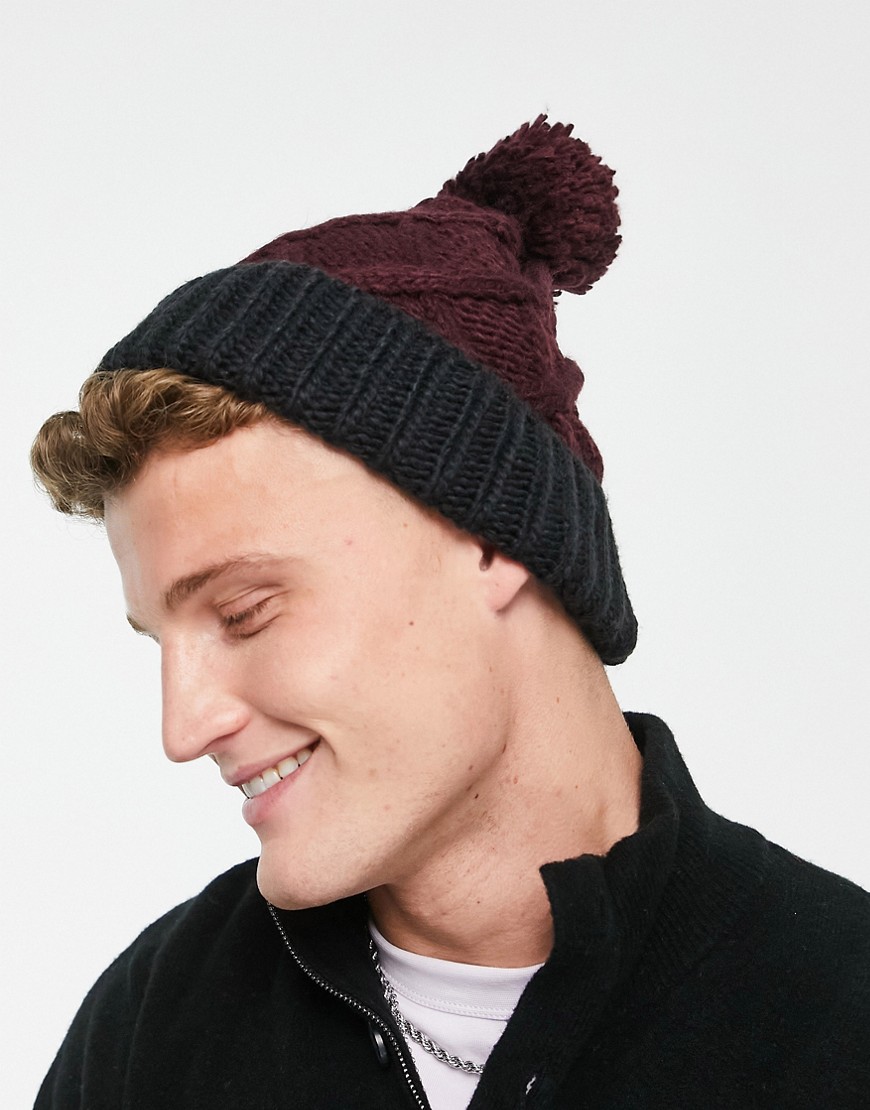 French Connection Cable Bobble Two Color Beanie Hat In Burgundy-red