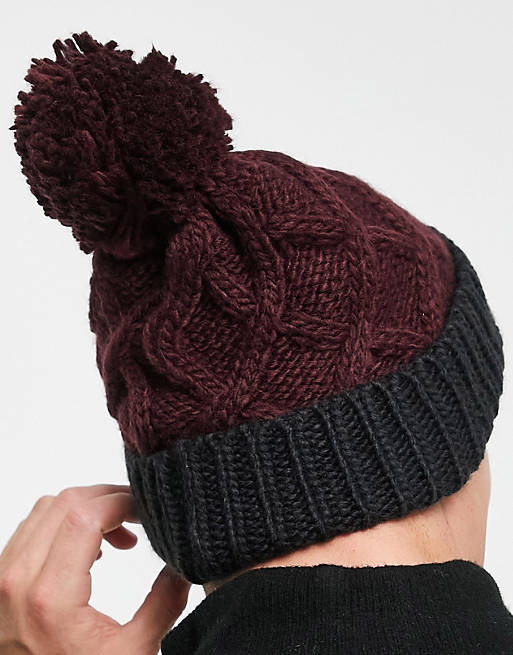 French Connection cable bobble two color beanie hat in burgundy | ASOS