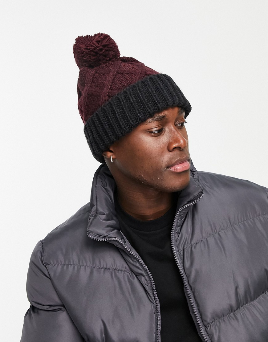 French Connection cable bobble two colour beanie hat in burgundy-Red