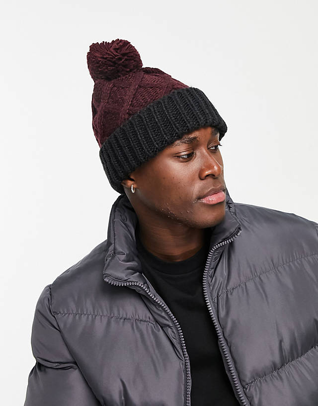 French Connection - cable bobble two colour beanie hat in burgundy