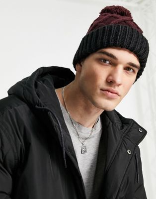 French Connection cable bobble two colour beanie hat in burgundy