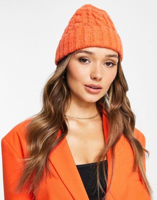French Connection cable knit beanie in orange