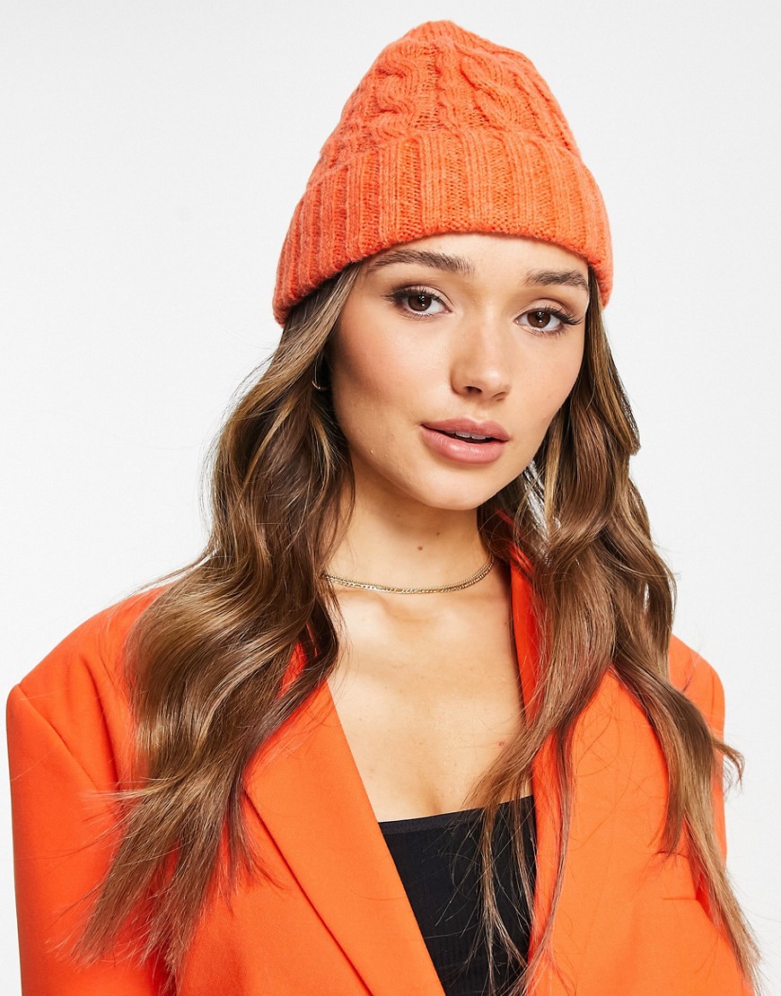 French Connection Cable Knit Beanie In Orange-red