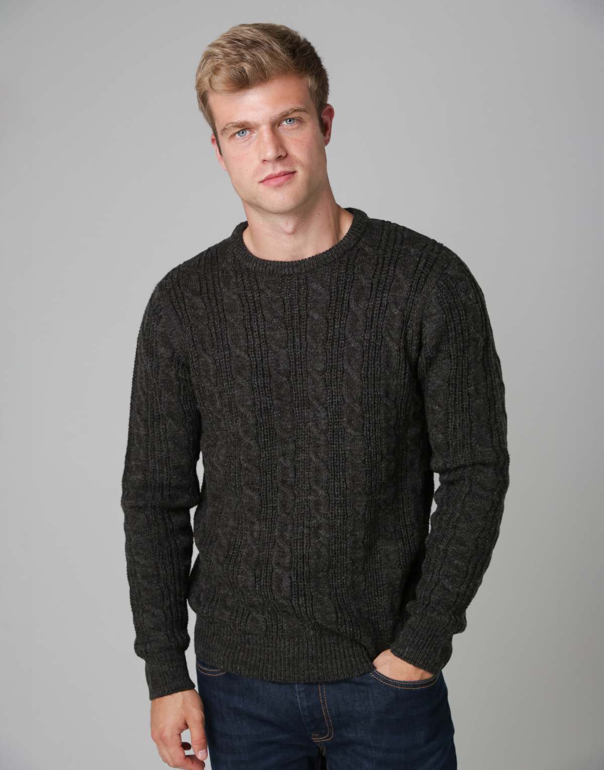 French Connection Cable knit crew neck jumper in charcoal