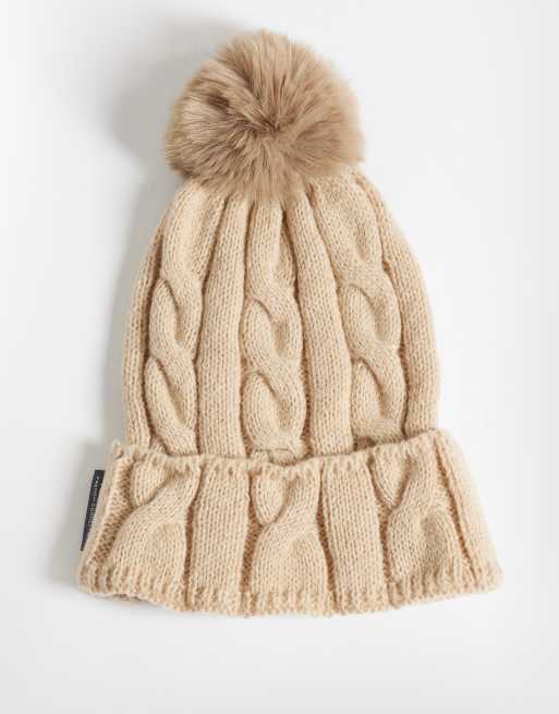 French Connection cable knit pom pom beanie in camel, 2 of 3