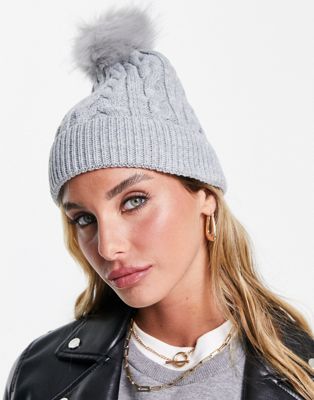 French Connection cable knit pom pom beanie in grey