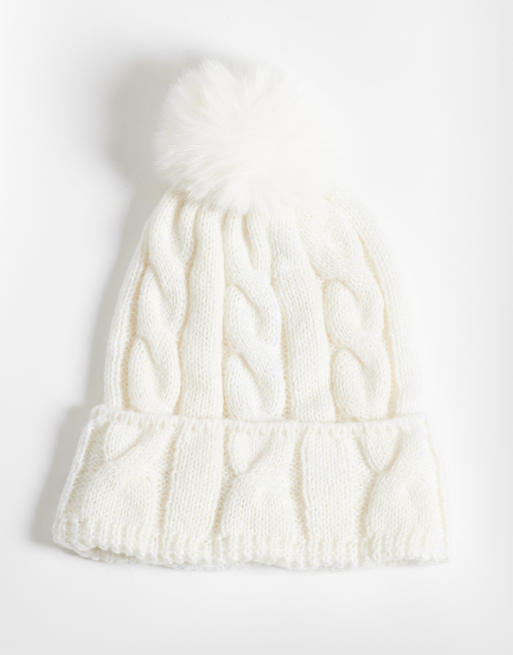 French Connection cable knit pom pom beanie in white, 2 of 3